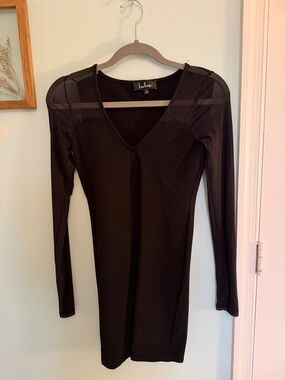 Lulu's Black Long-Sleeve Mesh-Shoulder Bodycon Dress